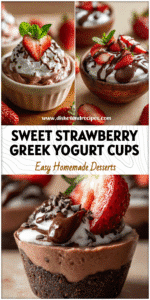 Chocolate strawberry Greek yogurt cups for fruit dipping and healthy dessert dips Greek yogurt snack.